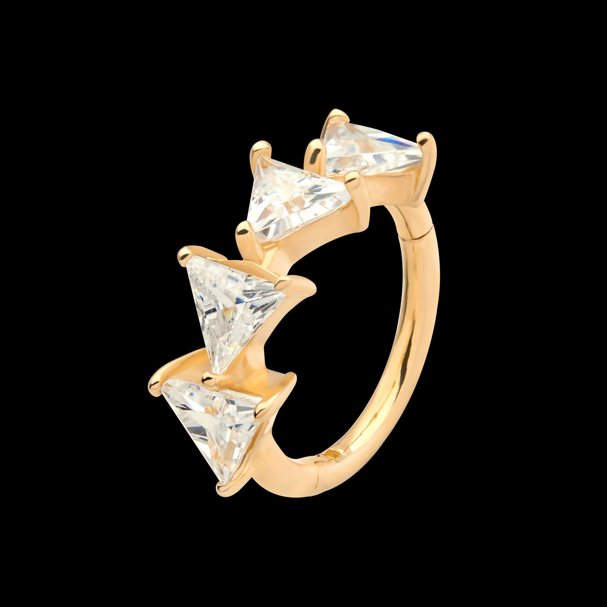 4-Cluster Prong Set Triangle Clear CZ Side Facing Hinged Segment Clicker Hoop Earring / Nosering – 14Kt Yellow Gold