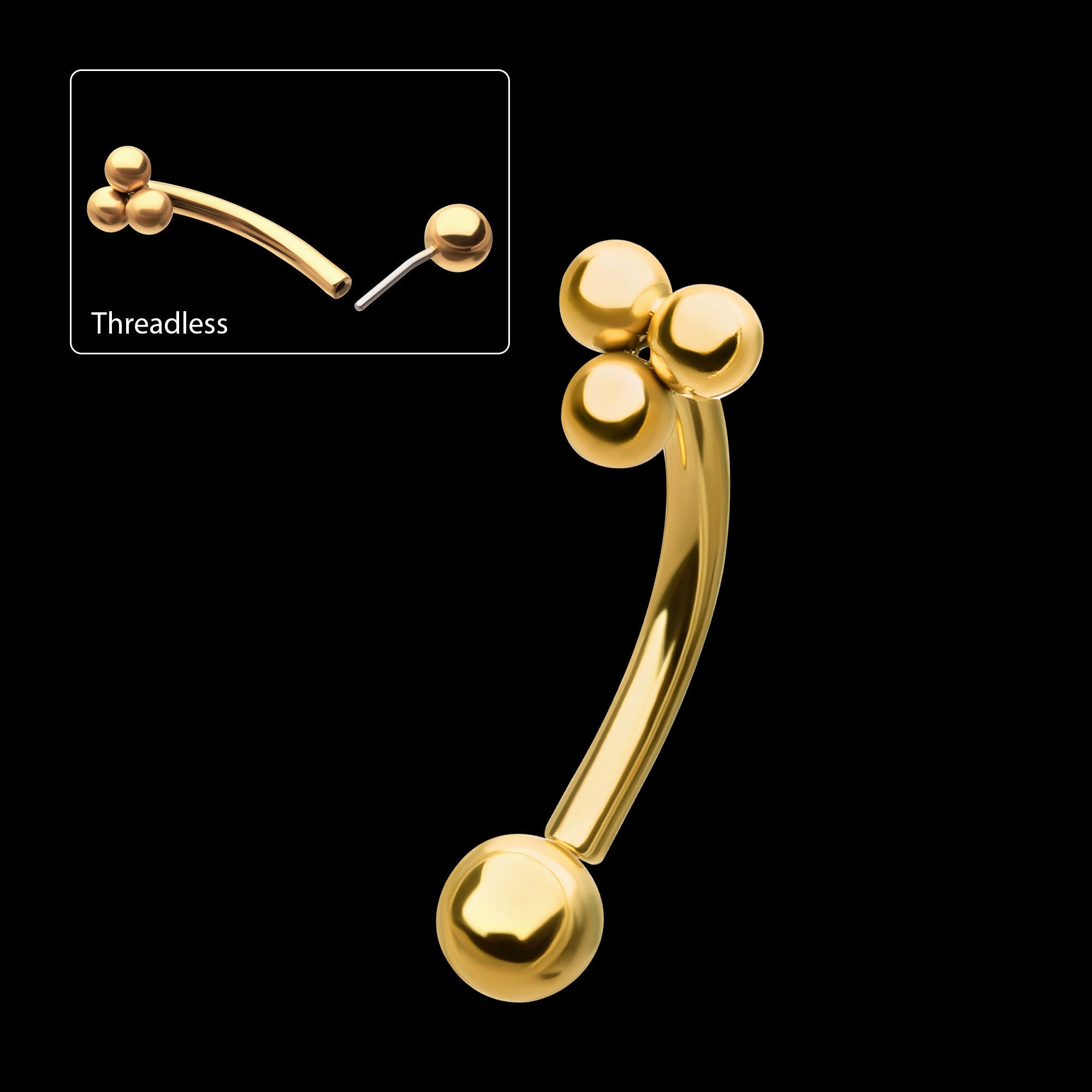 24kt Gold PVD Titanium Tri-Bead Fixed Top with Bottom Curved Barbell Earring / Nosering