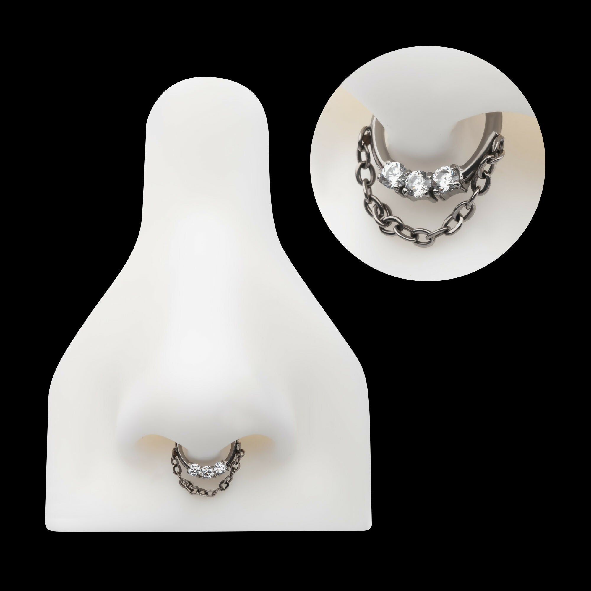 3-Cluster Prong Set Round CZ Front Facing Hinged Segment Clicker with Dangle Chain Hoop Earring / Nosering – Titanium