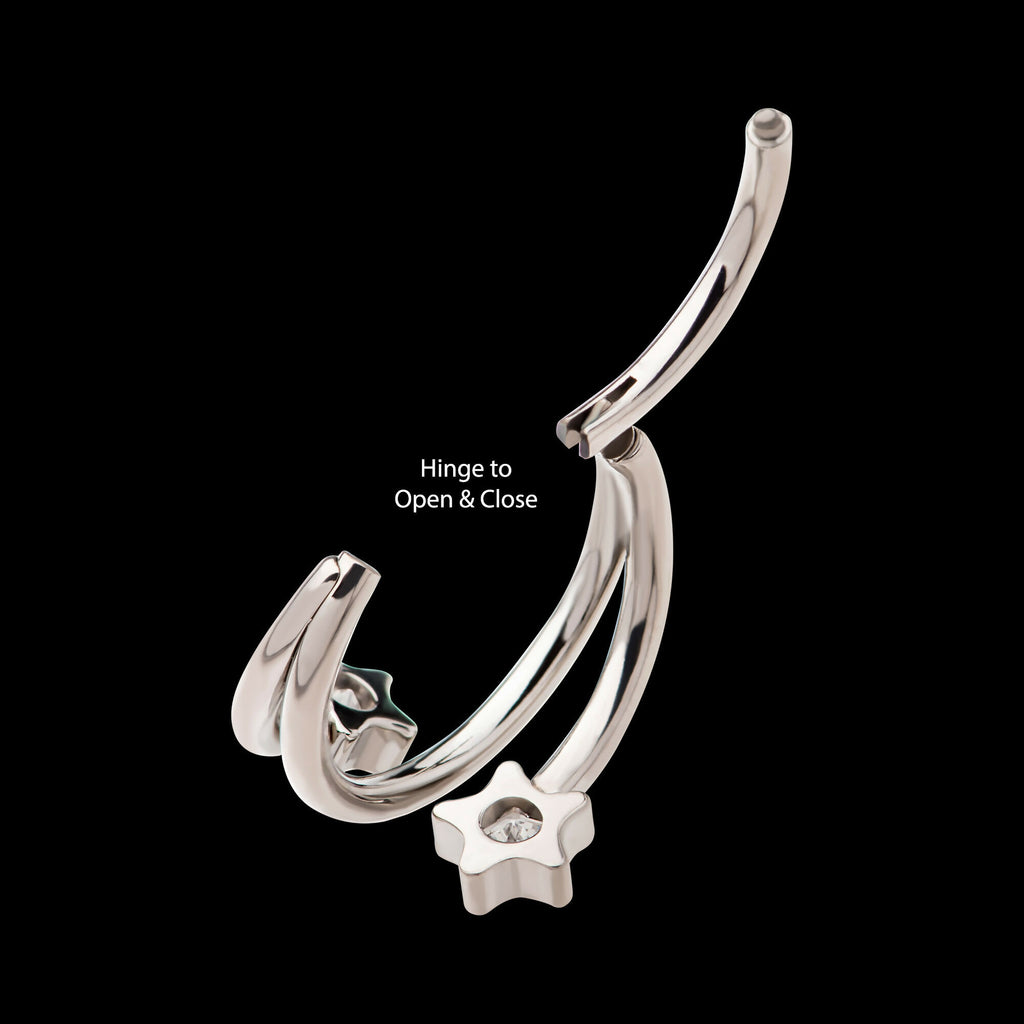 Double Ended Twist Side Facing Hinged Segment Clicker with Star CZ Hoop Earring / Nosering – Titanium