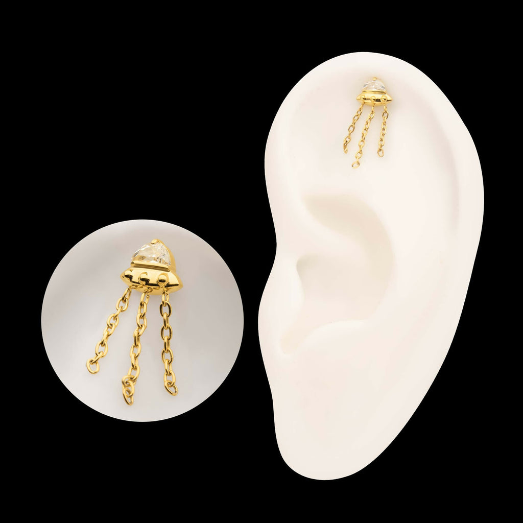 24KT Gold PVD Titanium Threadless 3D UFO Gem Top with Small Triple Chain Dangle