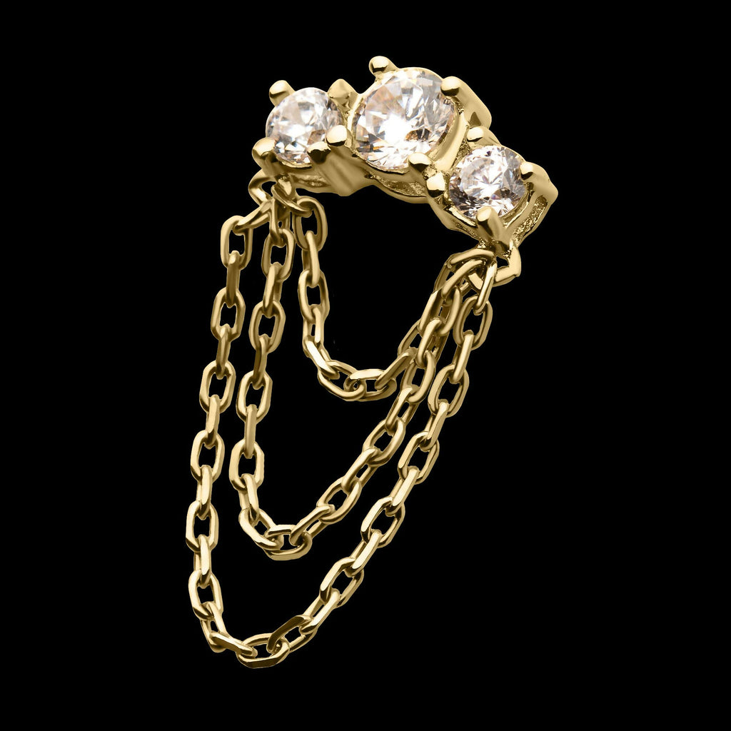 14Kt Gold Threadless Threadless 3-Cluster Prong Set Gem Top with 3-Tier Chain Dangle