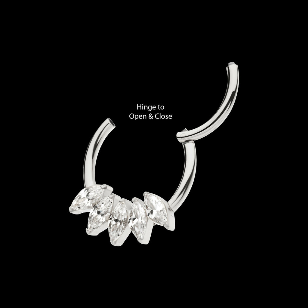 5-Cluster Marquise CZ/Stone Front Facing Hinged Segment Clicker Hoop Earring / Nosering – Titanium