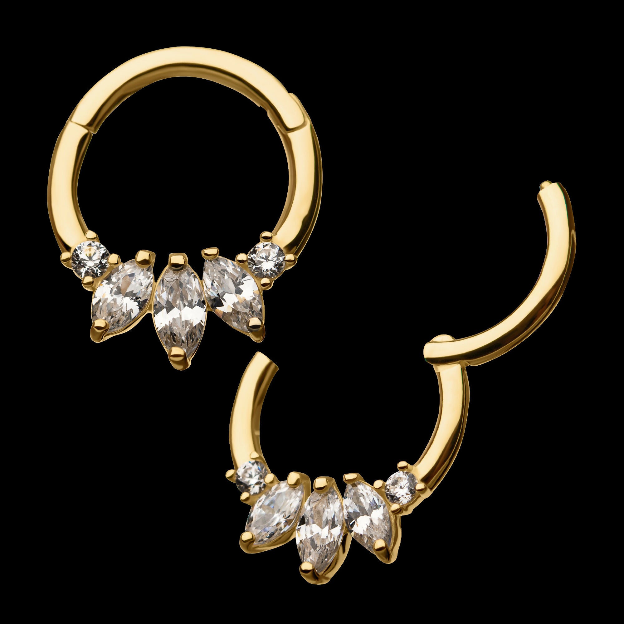 5-Cluster Prong Set Marquise & Round Clear CZ Front Facing Hinged Segment Clicker Hoop Earring / Nosering – 14Kt Yellow Gold