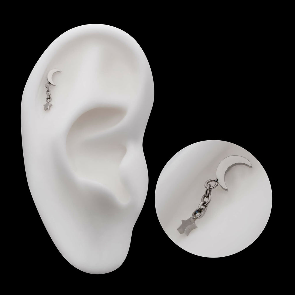 Titanium Threadless Crescent Moon Top with Dangle Star