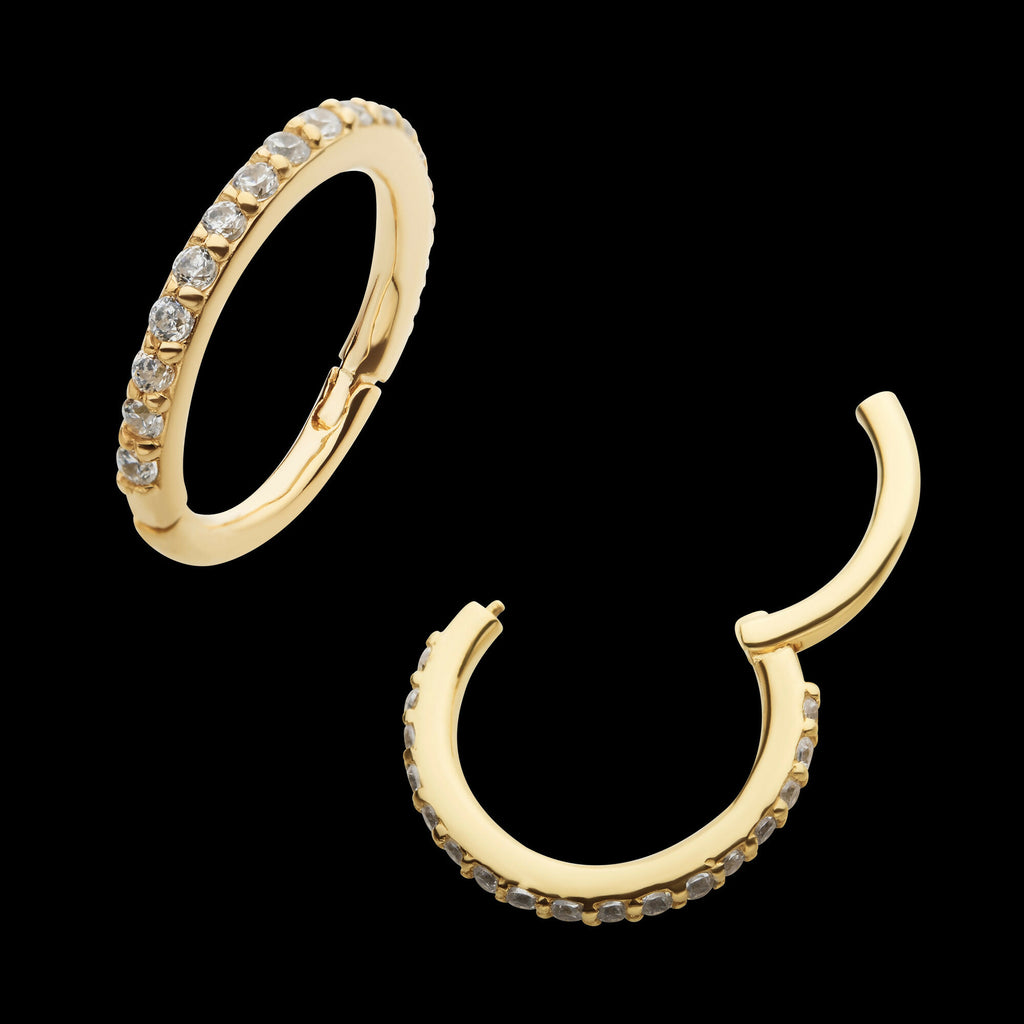 Prong Set 1mm Eternity Round Gem Side Facing Hinged Segment Clicker Hoop Earring / Nosering – 14Kt Gold