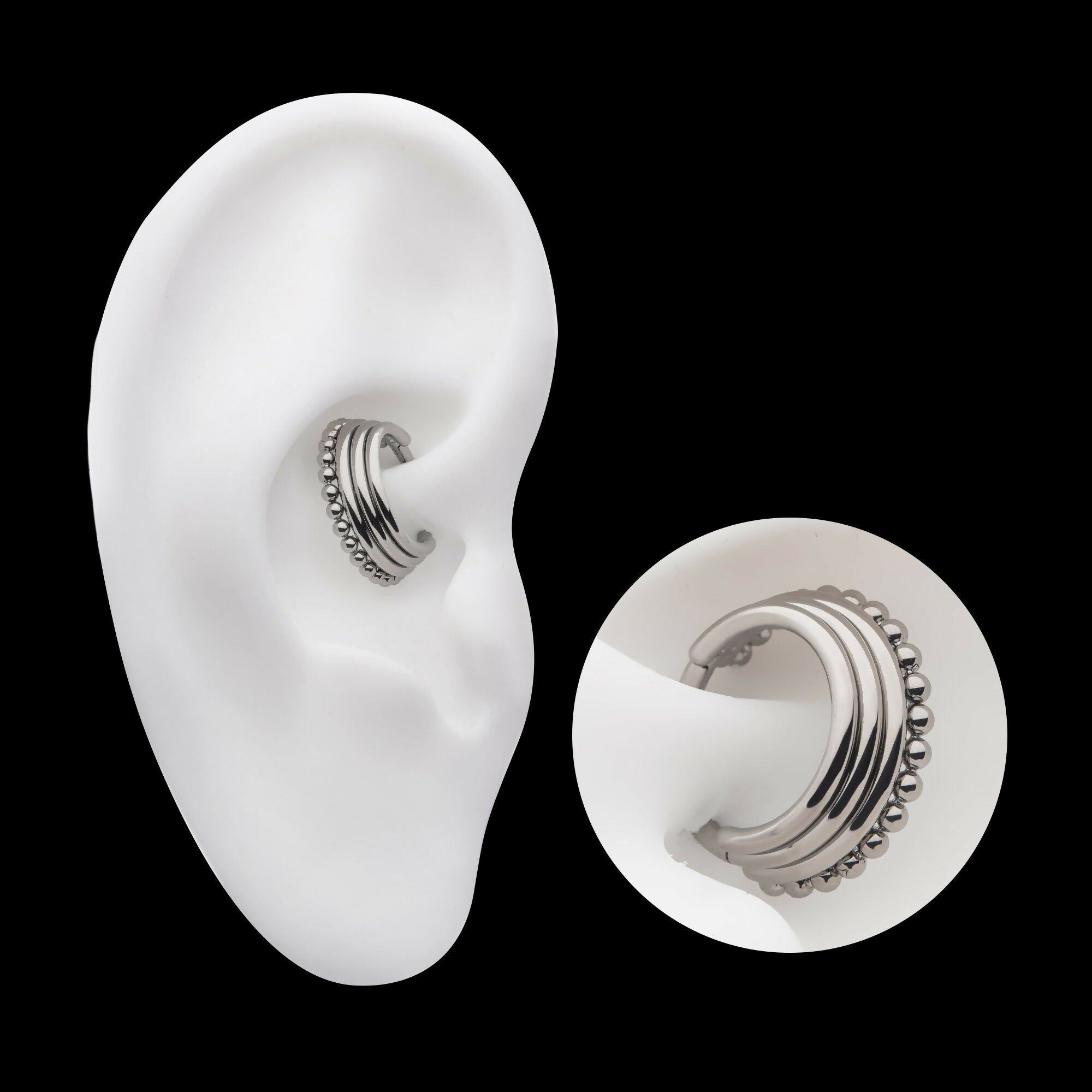 Quadruple Stacked Side Facing Hinged Segment Clicker with Clustered Beads Hoop Earring / Nosering – Titanium