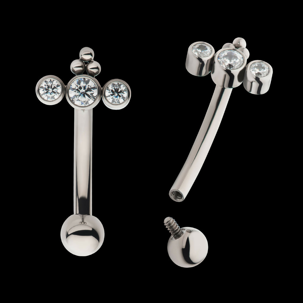Internally Threaded with Tri Bead & 3-Cluster Bezel Set Clear AAA CZ Fixed Top Curved Barbell Earring / Nosering – Titanium