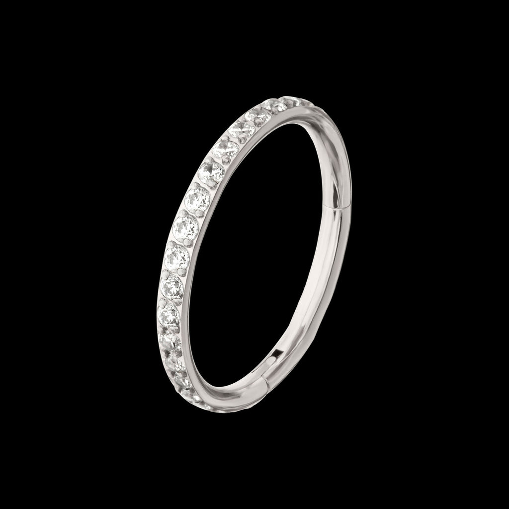 Platinum PVD Titanium 1mm CNC Set Full Clear CZ Eternity Gem Side Facing Hinged Segment Clicker Hoop Earring / Nosering