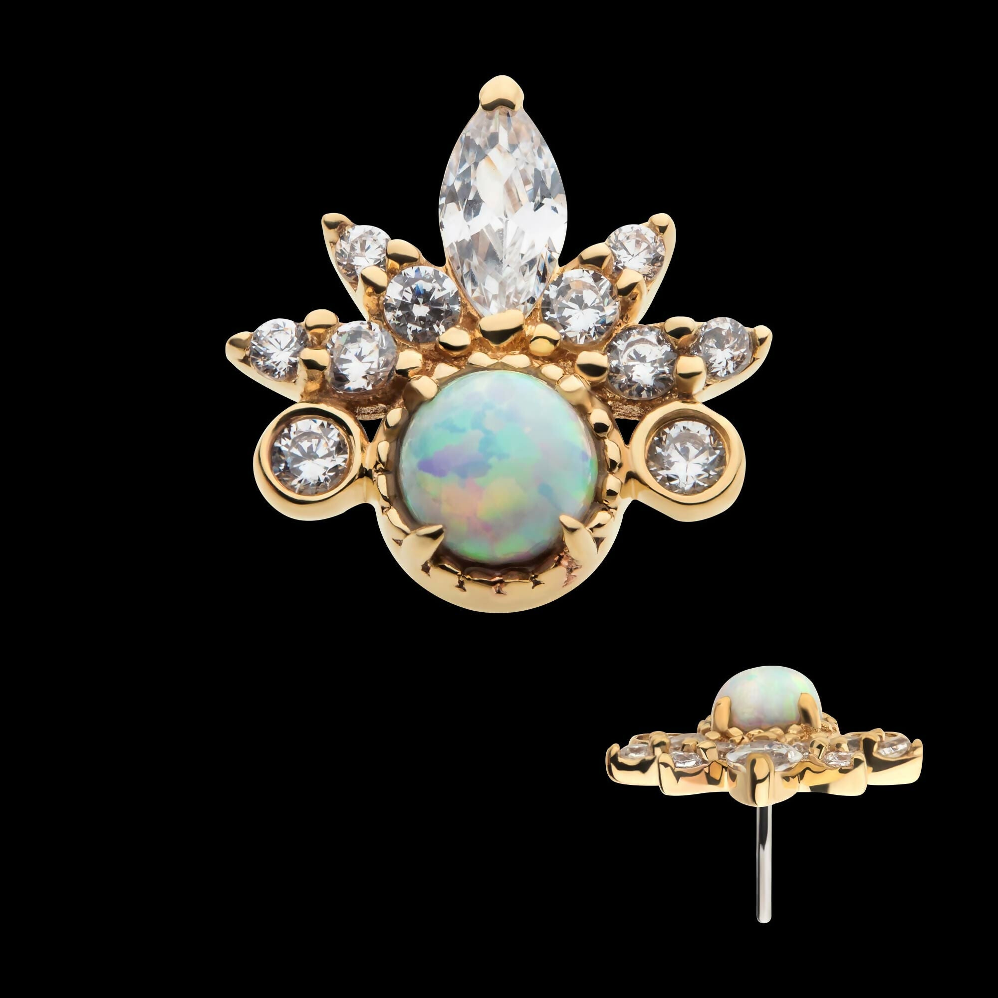 14Kt Yellow Gold Threadless with White Synthetic Opal, Round & Marquise Clear CZ Tiara Cluster Top
