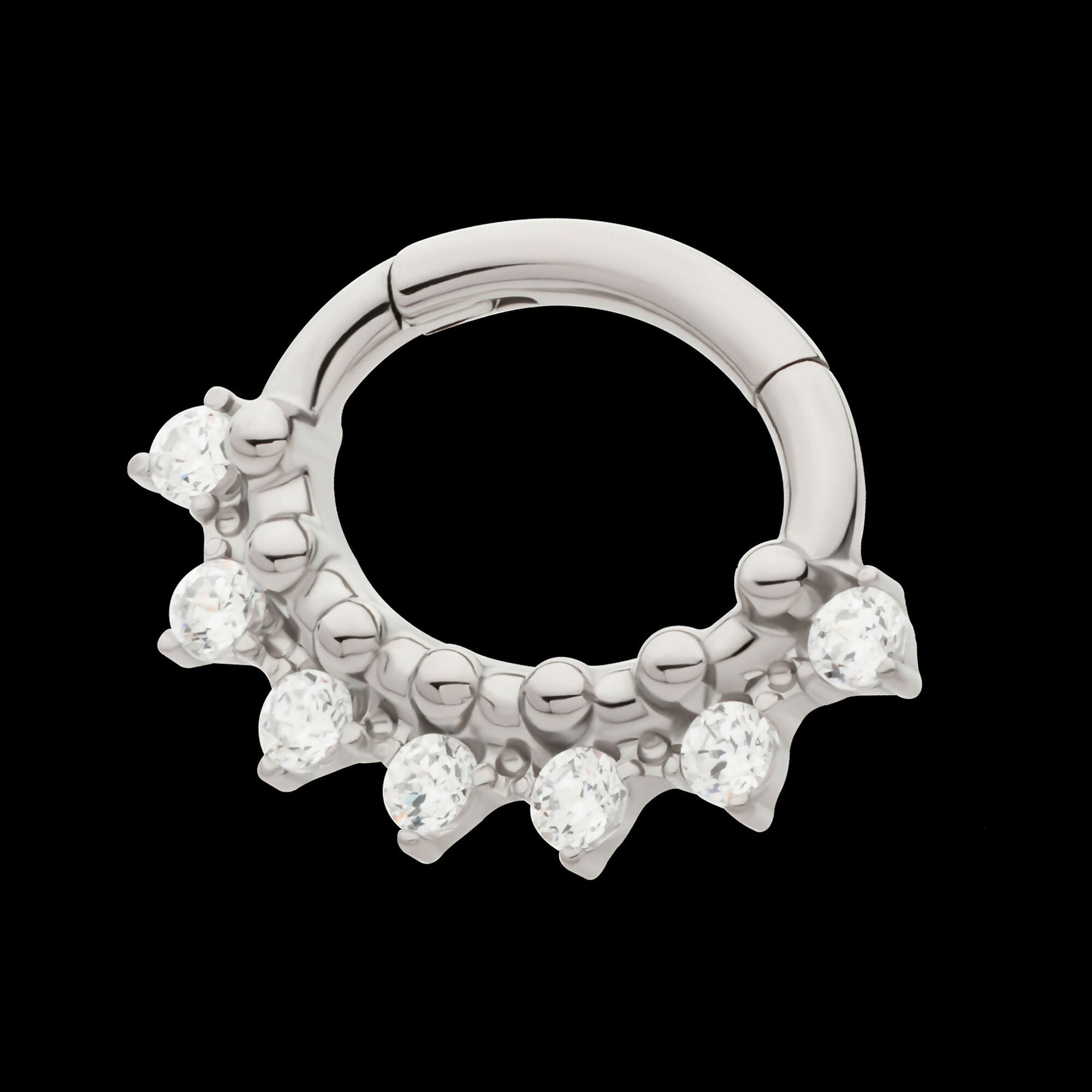 Clustered Prong Set Round CZ & Beads Oval Shape Front Facing Hinged Segment Clicker Hoop Earring / Nosering – Titanium