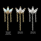 14Kt Gold Threadless 3 Cluster Fan Shape Marquise CZ/Opal Top with Dangle Triple Chain