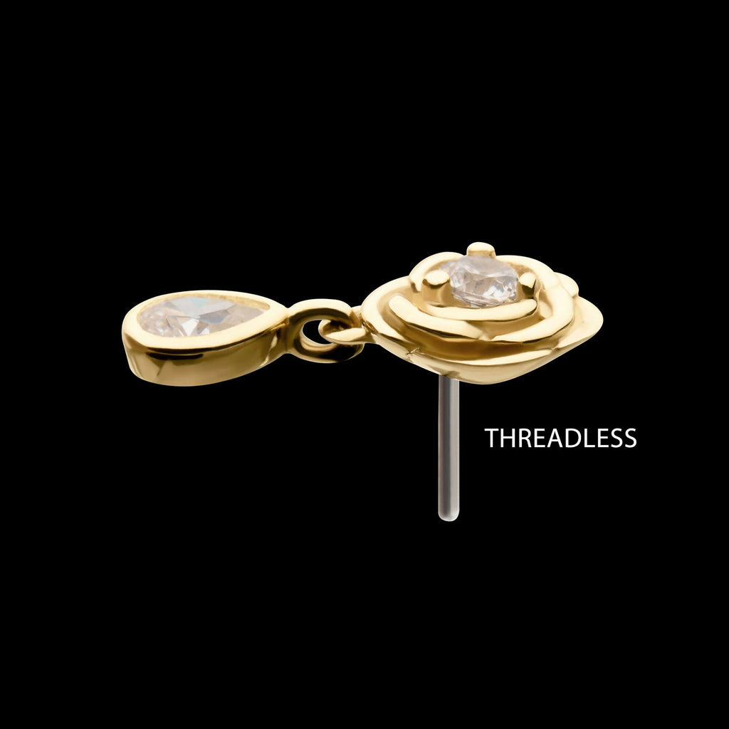Prong Set Round Gem Rose Flower with Teardrop Dangle Flatback Stud Earring / Nosering - Gem in 14Kt Yellow Gold