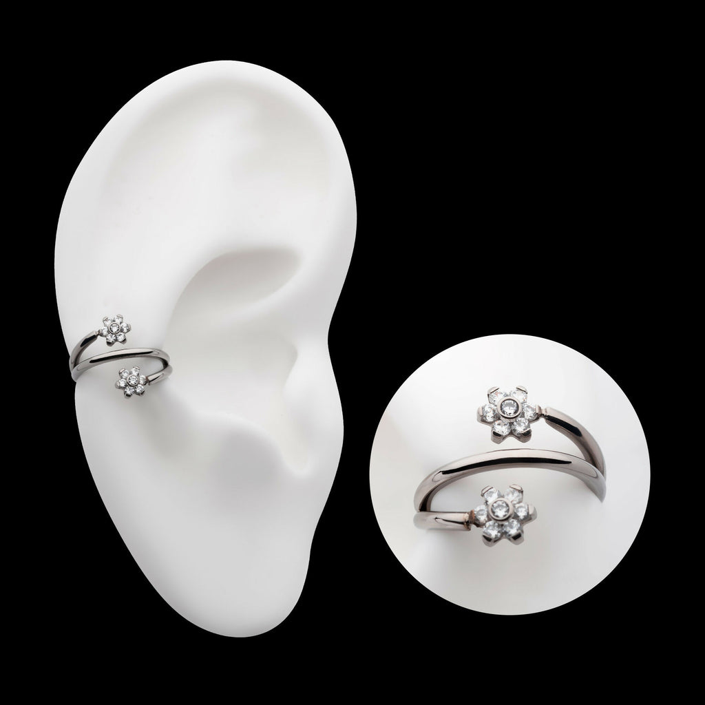 Double Ended Twist Side Facing Hinged Segment Clicker with Flower CZ Hoop Earring / Nosering – Titanium