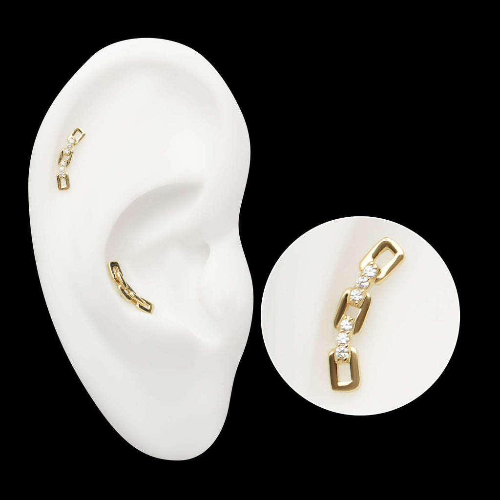 14Kt Yellow Gold Threadless Prong Set Round Gem Curved Chain Link Top