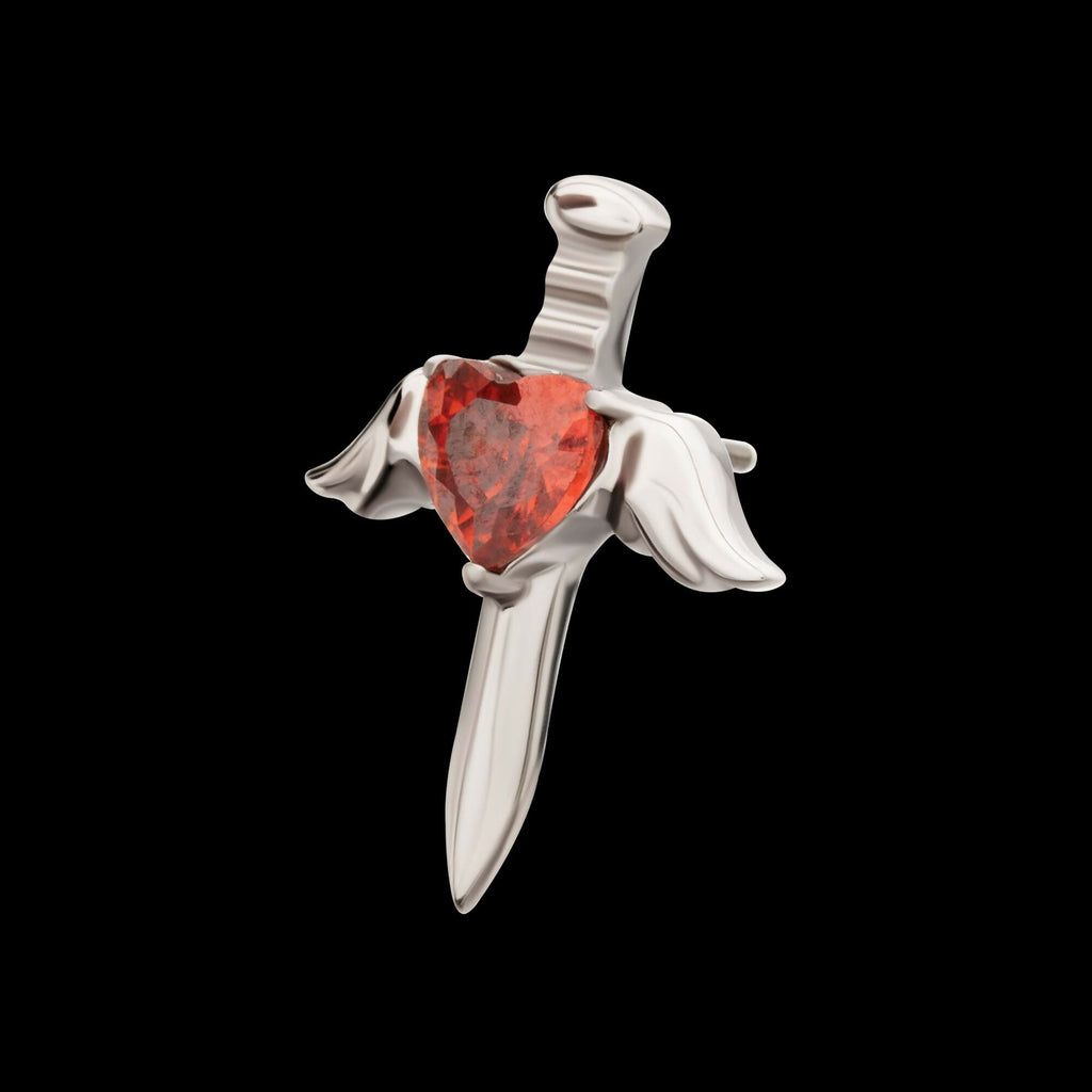 Titanium Threadless 3D Winged Dagger with Bezel Heart Gem Top