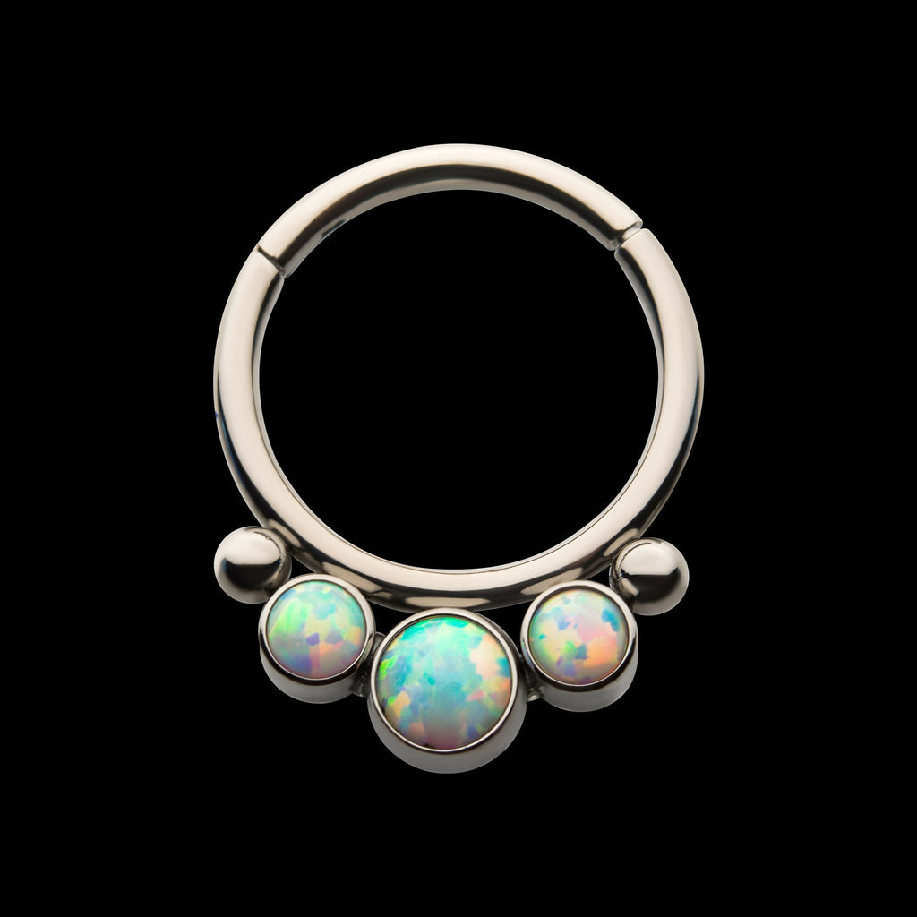 Bezel Set 3 White Synthetic Opal & 2 Beads Front Facing Hinged Segment Clicker Hoop Earring / Nosering – Titanium