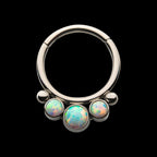 Bezel Set 3 White Synthetic Opal & 2 Beads Front Facing Hinged Segment Clicker Hoop Earring / Nosering – Titanium