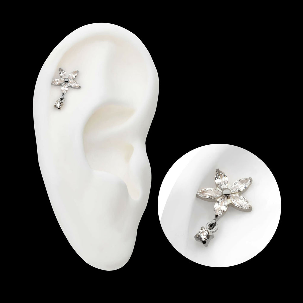 Titanium Threadless 5 Marquise CZ Flower Shape Top with Dangle Prong Set Round CZ