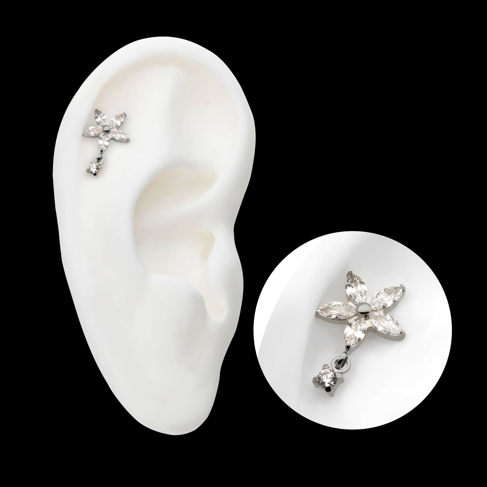 Titanium Threadless 5 Marquise CZ Flower Shape Top with Dangle Prong Set Round CZ