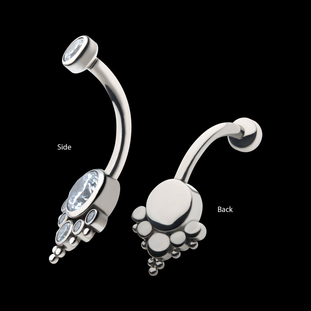 Internally Threaded with Tri Bead Bezel Set CZ Terraced Cluster Navel Curve Earring / Nosering – Titanium