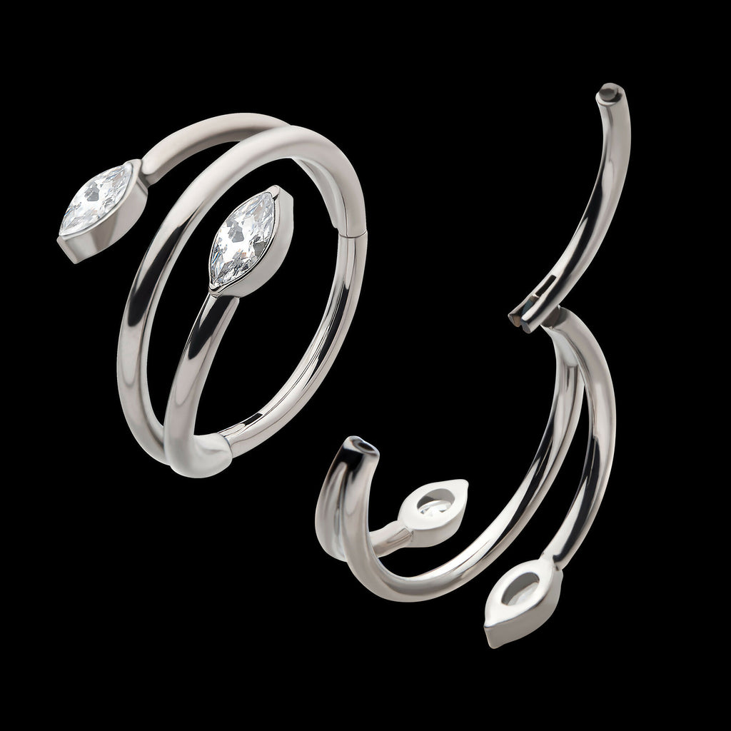 Double Ended Twist Side Facing Hinged Segment Clicker with Marquise CZ Hoop Earring / Nosering – Titanium