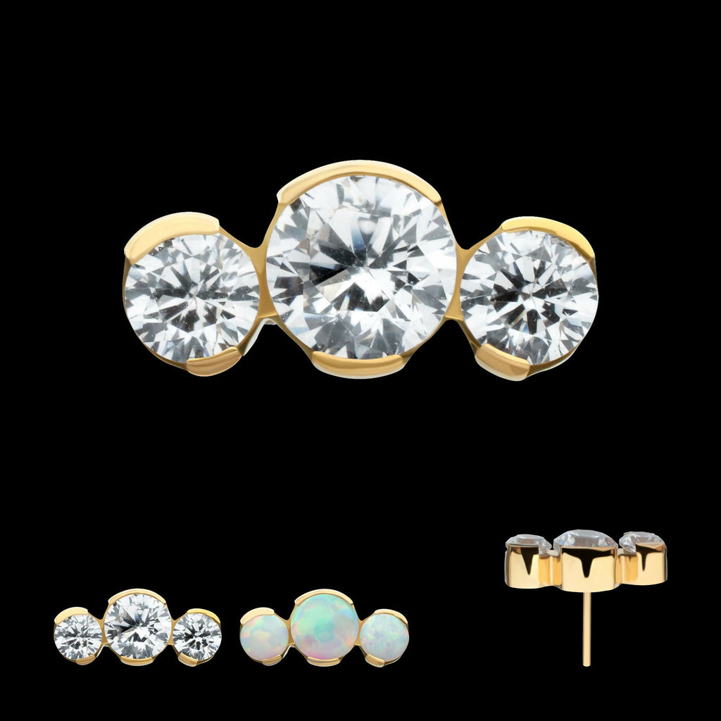 24Kt Gold PVD Titanium Threadless Semi-Bezel Set Round Gem/Opal 3-Cluster Top