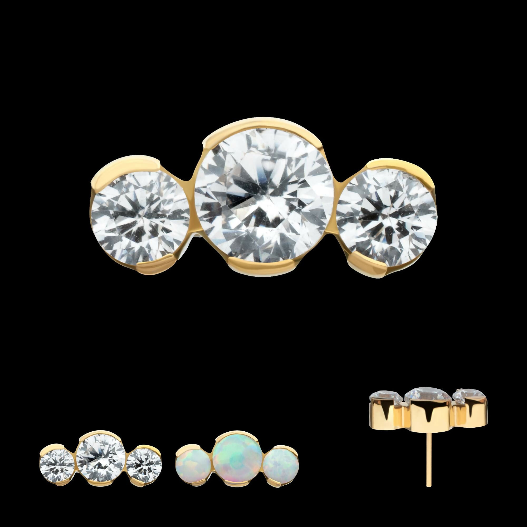 24Kt Gold PVD Titanium Threadless Semi-Bezel Set Round Gem/Opal 3-Cluster Top