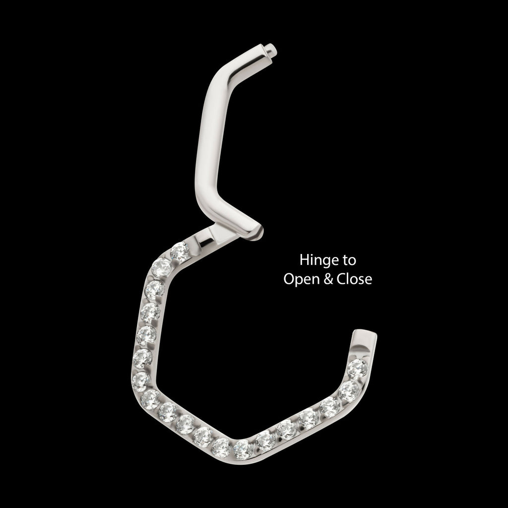 1mm CNC Set Clear CZ Eternity Hexagon Shape Front Facing Hinged Segment Clicker Hoop Earring / Nosering – Titanium