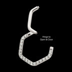 1mm CNC Set Clear CZ Eternity Hexagon Shape Front Facing Hinged Segment Clicker Hoop Earring / Nosering – Titanium