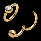 24Kt Gold PVD Titanium Bezel Set Round Gem Side Facing Hinged Segment Clicker Hoop Earring / Nosering