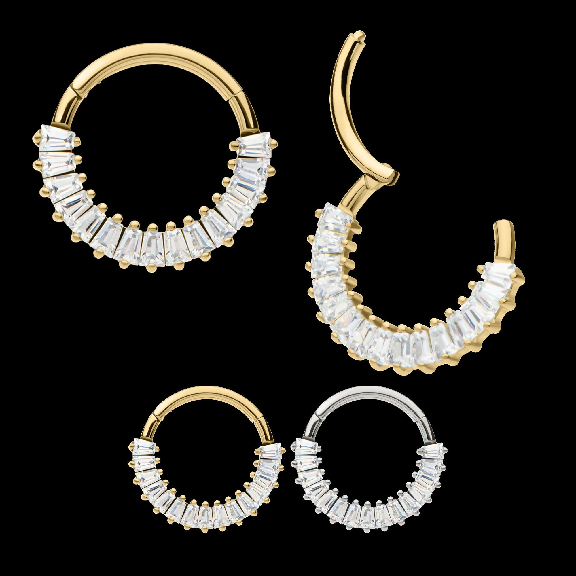 Prong Set Baguette Gem Cluster Front Facing Hinged Segment Clicker Hoop Earring / Nosering – 14kt Gold