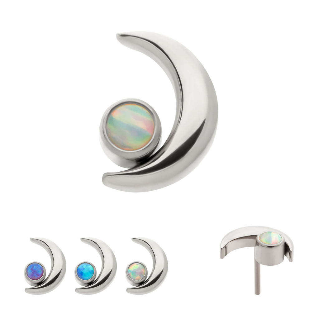 Crescent Moon with Bezel Set Opal Flatback Stud Earring / Nosering - Opal in Titanium
