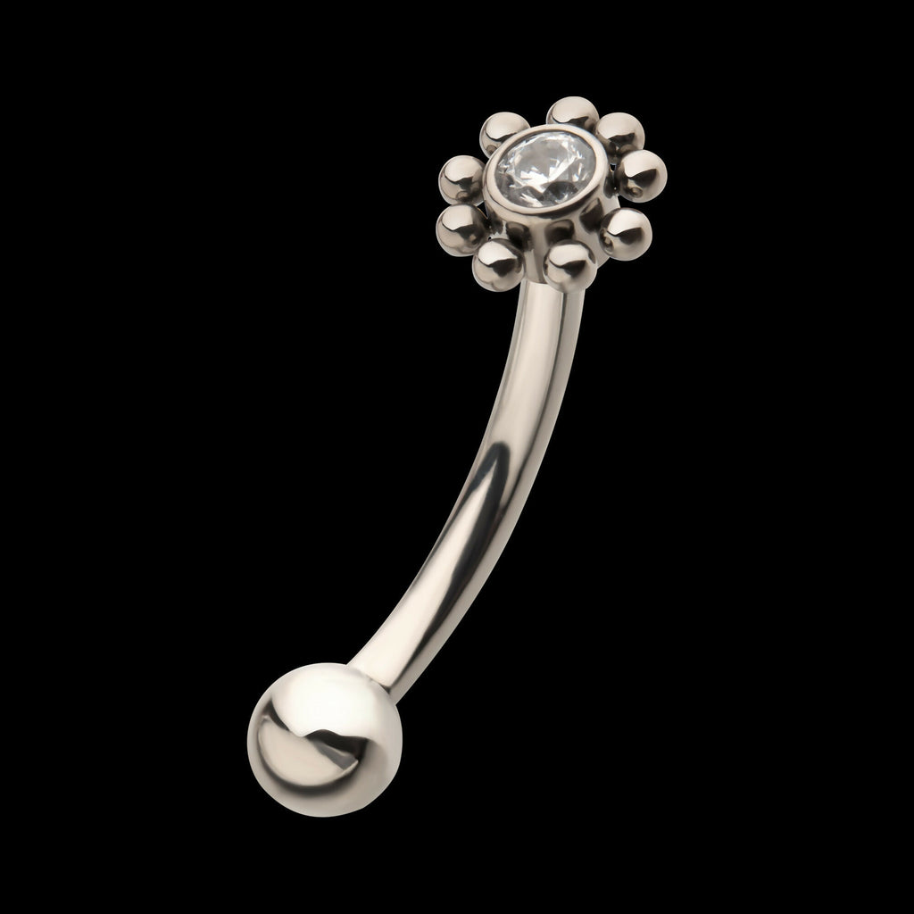 Internally Threaded with Beaded Bezel Set CZ Flower Fixed Top Curved Barbell Earring / Nosering – Titanium