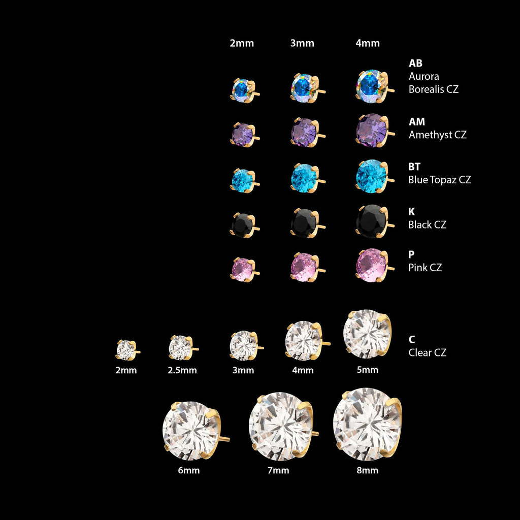 24KT Gold PVD Titanium Threadless Low Profile 4-Prong Round Gem Top