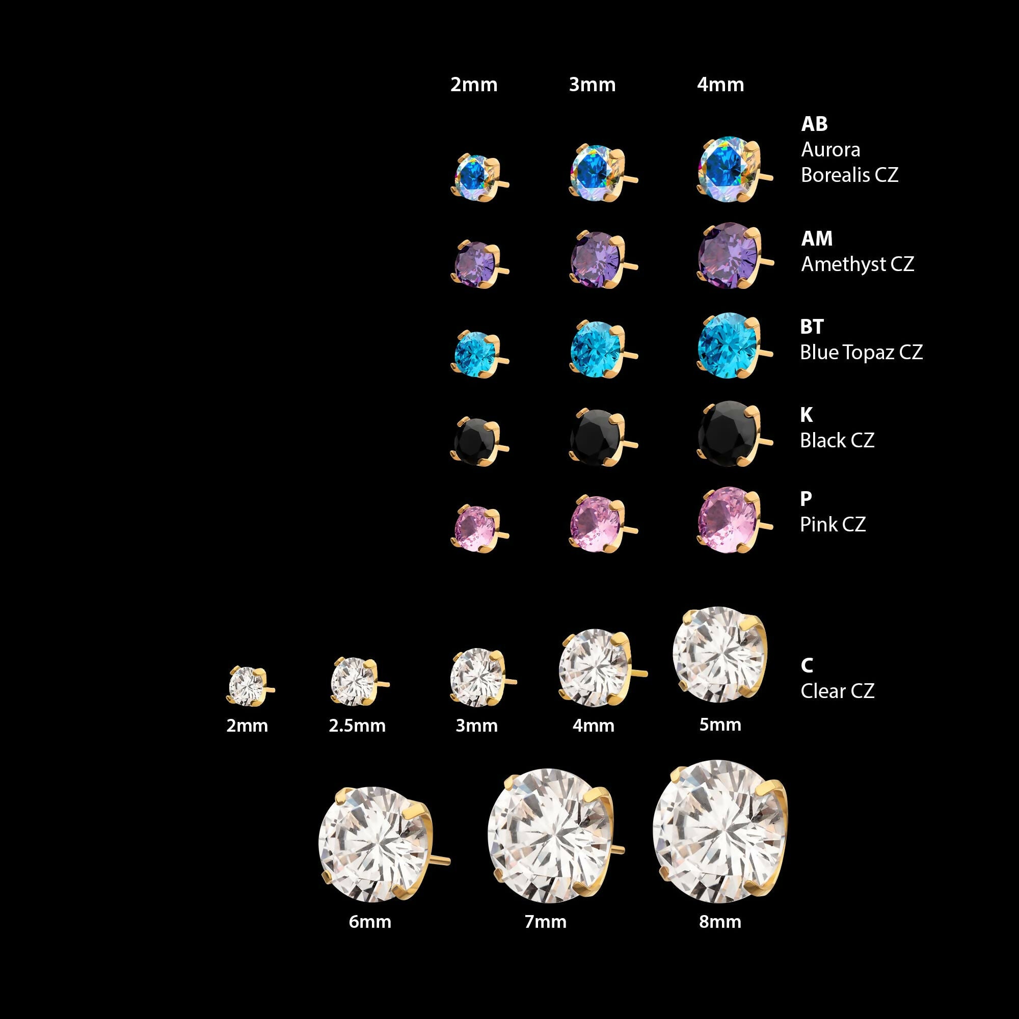 24KT Gold PVD Titanium Threadless Low Profile 4-Prong Round Gem Top