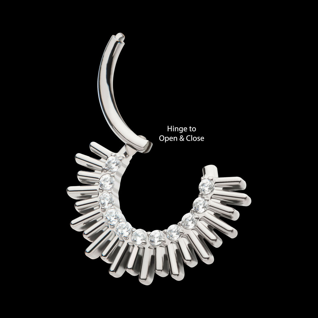 Pronged Round CZ Sun Rays Cluster Front Facing Hinged Segment Clicker Hoop Earring / Nosering – Titanium