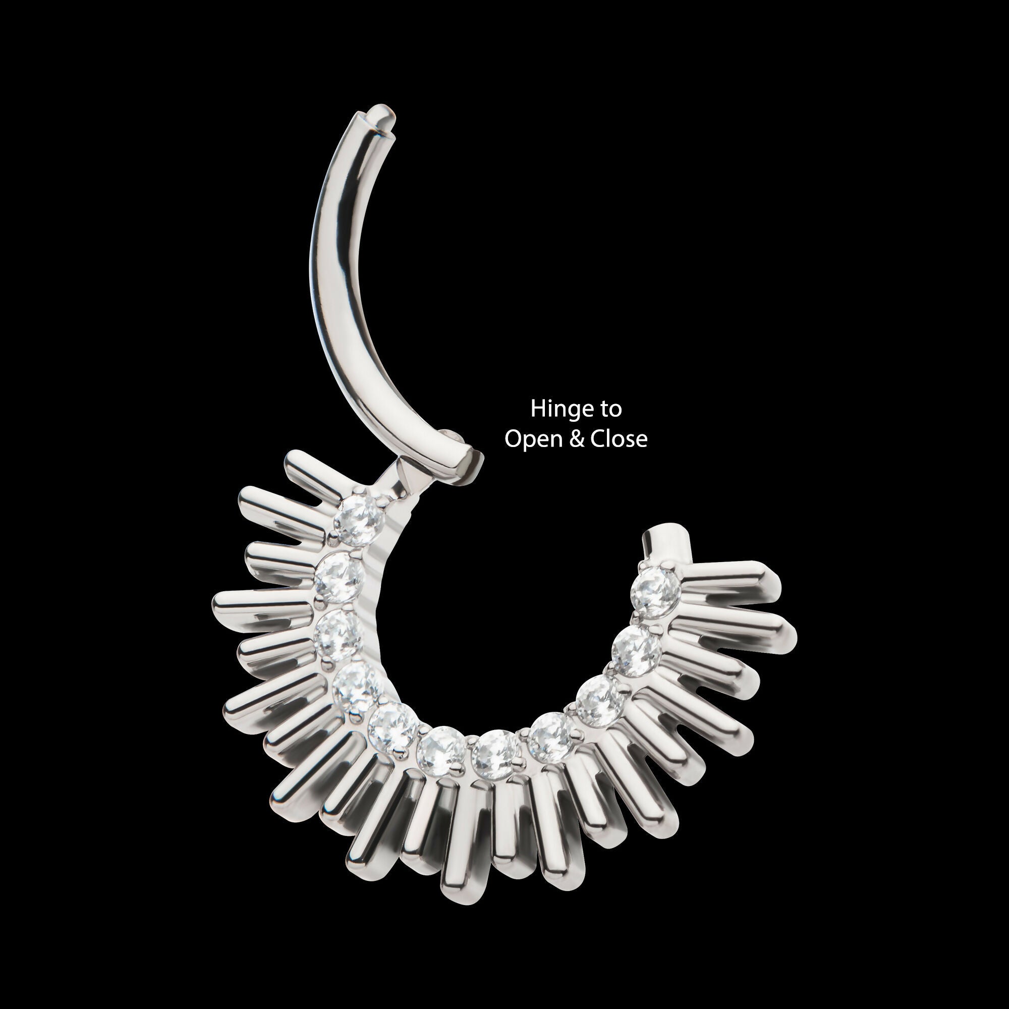 Pronged Round CZ Sun Rays Cluster Front Facing Hinged Segment Clicker Hoop Earring / Nosering – Titanium