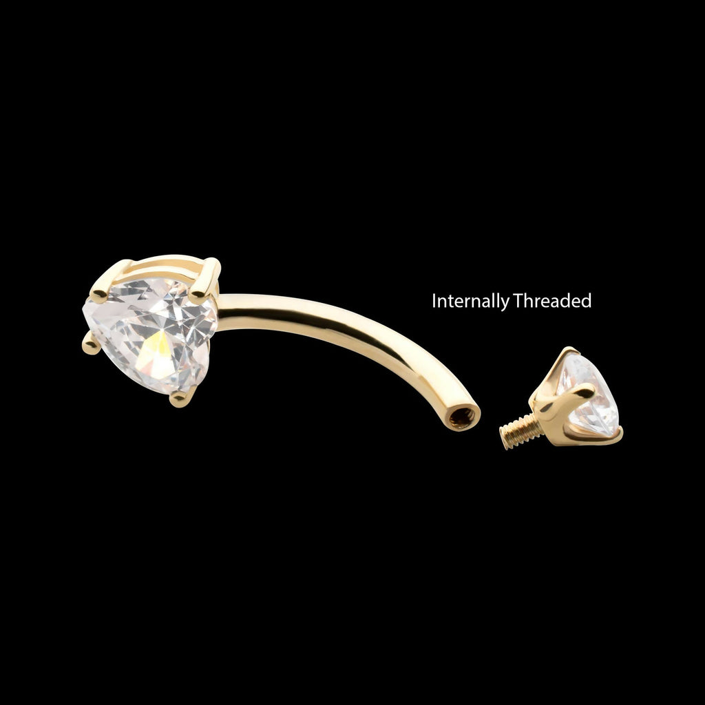 14Kt Gold Internally Threaded 4-Prong Round & Heart Clear CZ Fixed Bottom Navel