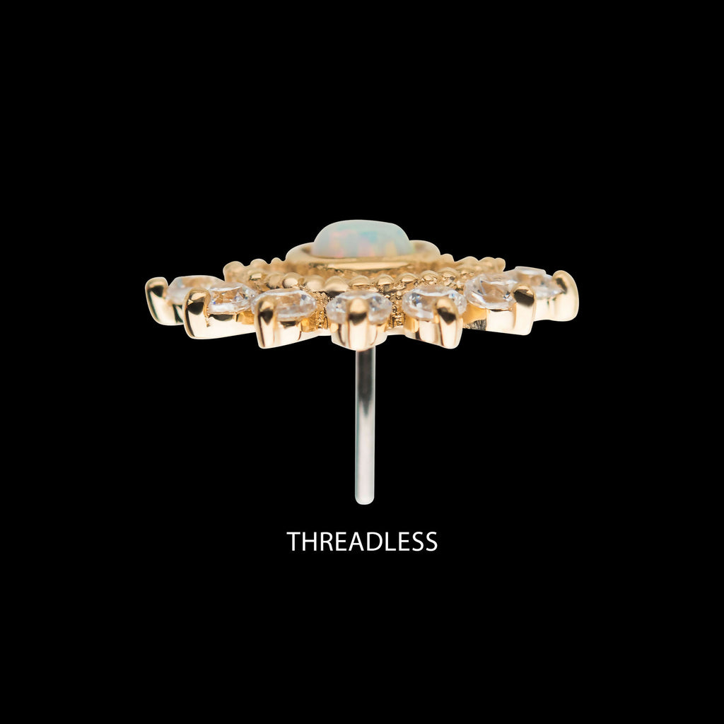 14Kt Yellow Gold Threadless with Bezel Set White Synthetic Opal & Prong Set Clear CZ Fan Cluster Top