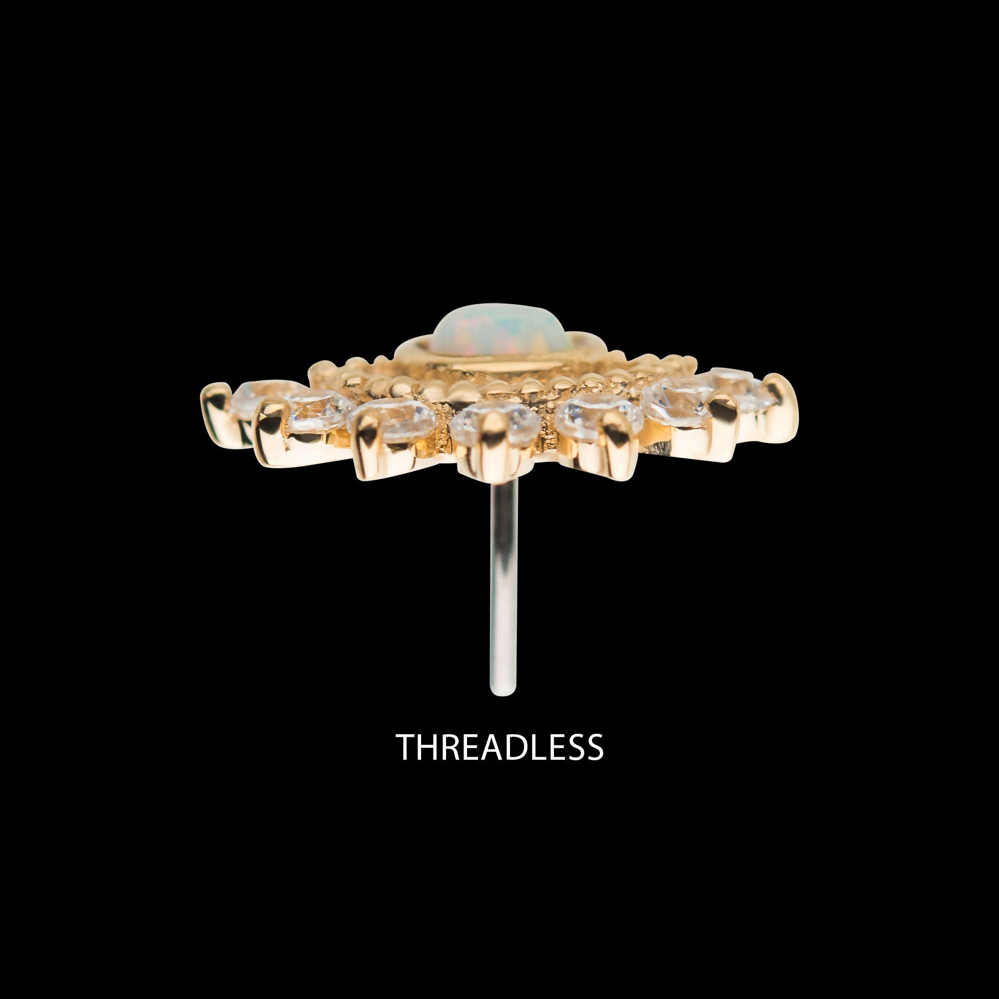 14Kt Yellow Gold Threadless with Bezel Set White Synthetic Opal & Prong Set Clear CZ Fan Cluster Top