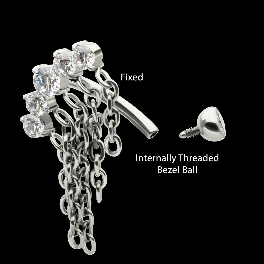 Internally Threaded 5-Cluster Prong Gem Fixed Top Curved Barbell with 5 Chain Dangle Earring / Nosering – Titanium