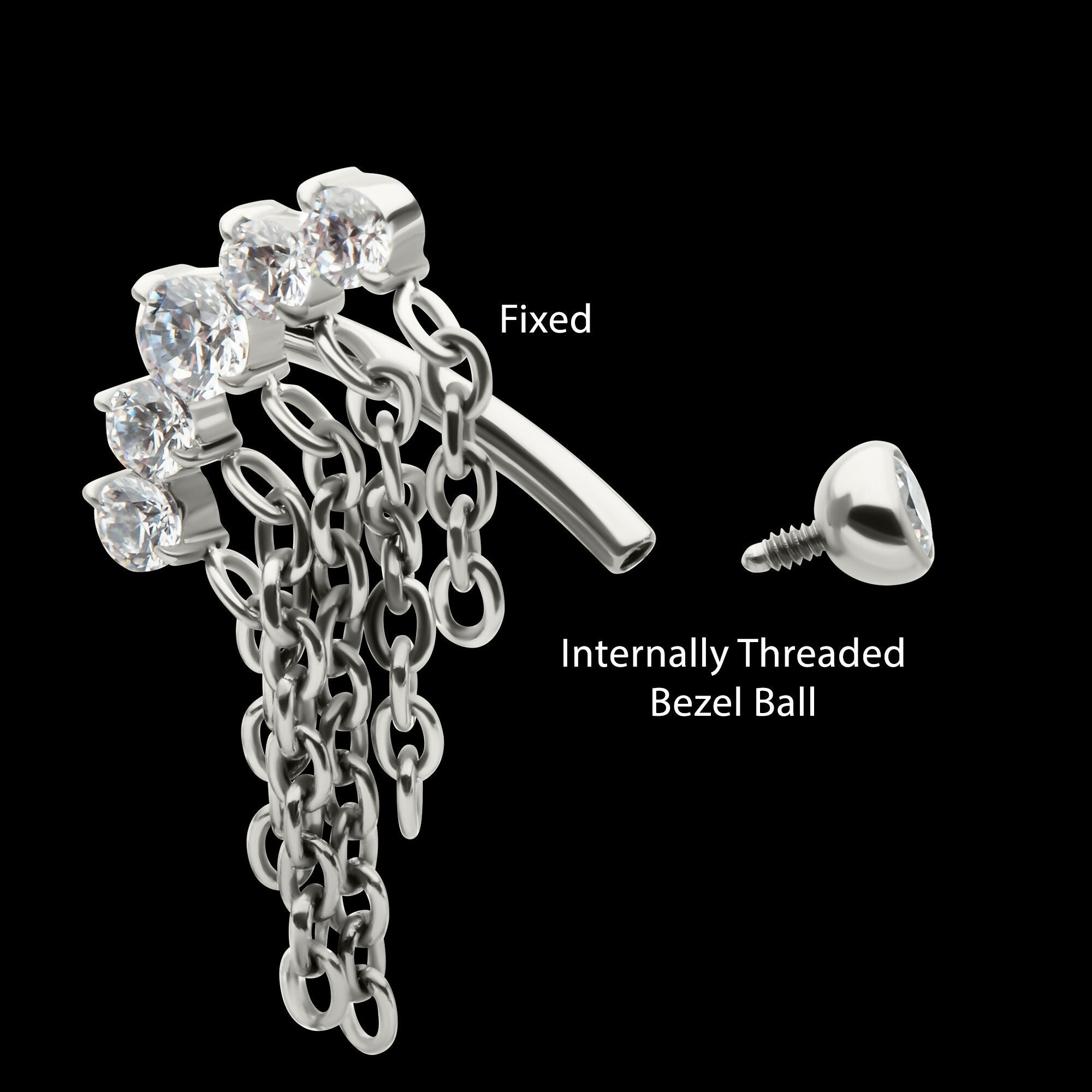 Internally Threaded 5-Cluster Prong Gem Fixed Top Curved Barbell with 5 Chain Dangle Earring / Nosering – Titanium