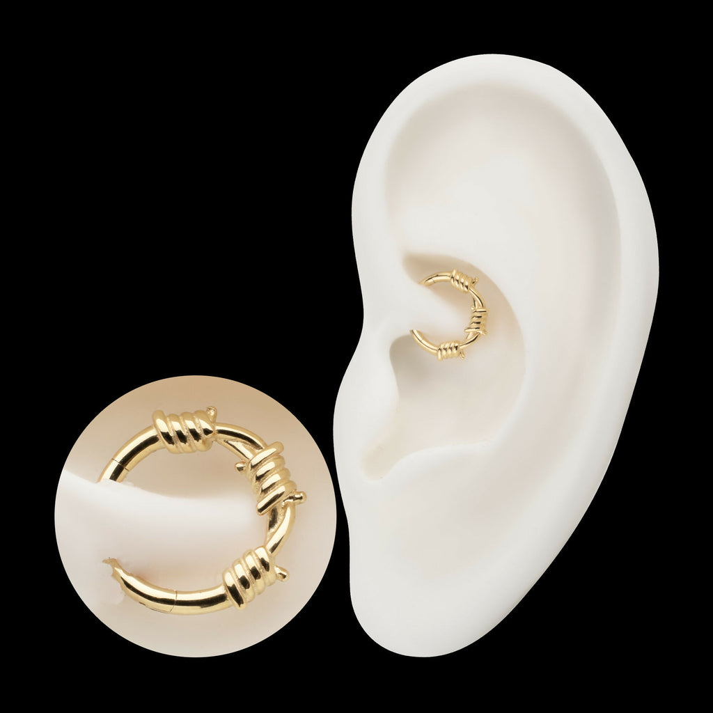 Single Sculpted Barbed Wire Wrap Front Facing Hinged Segment Clicker Hoop Earring / Nosering – 14Kt Yellow Gold