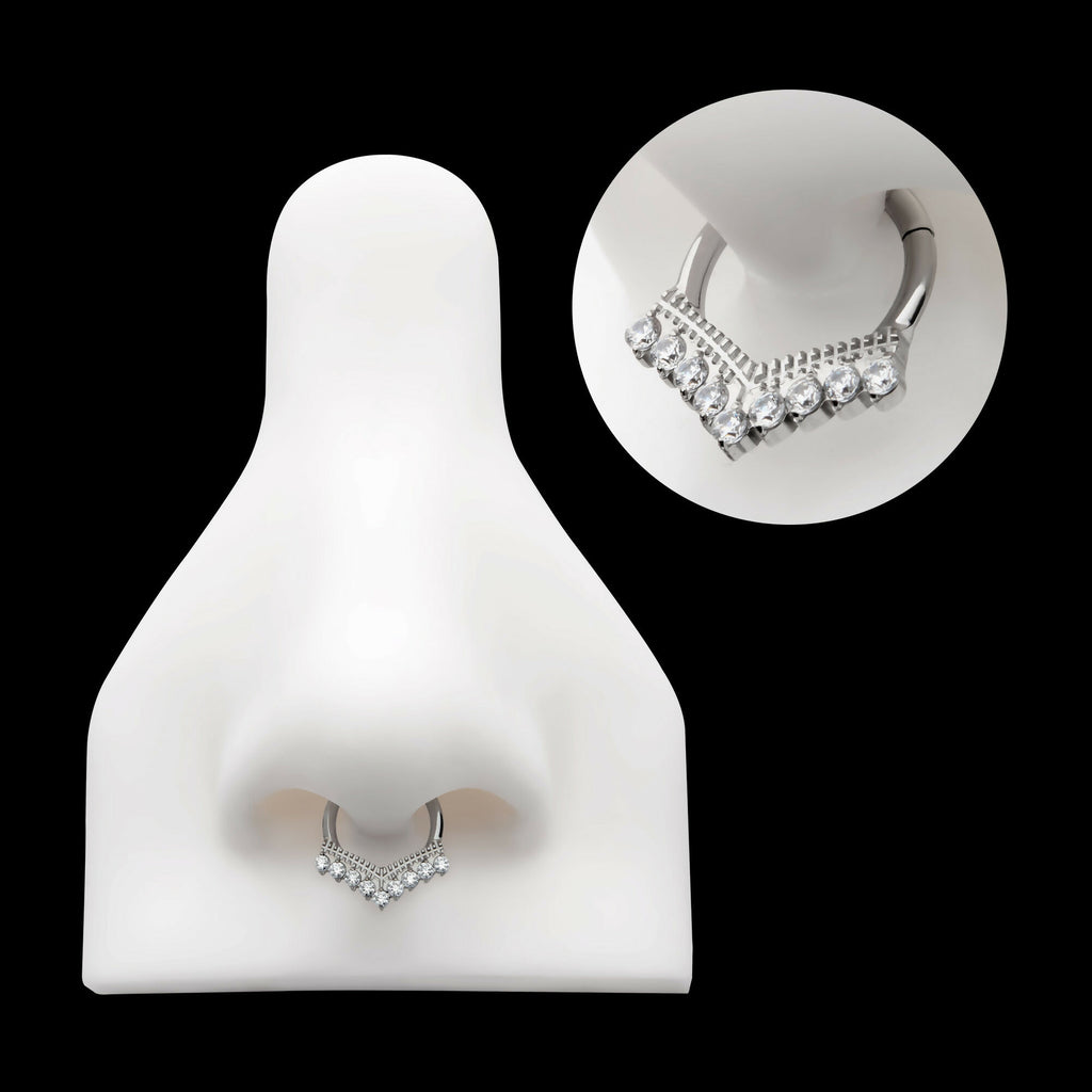 9 Cluster Prong Set Round CZ Chevron Front Facing Hinged Segment Clicker Hoop Earring / Nosering – Titanium