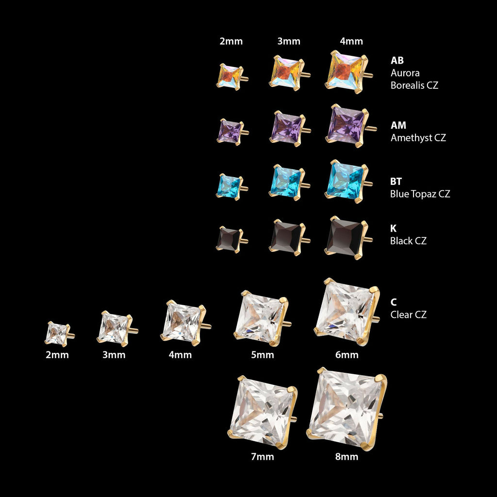 24Kt Gold PVD Titanium Threadless 4 Prong Princess Cut Gem Top