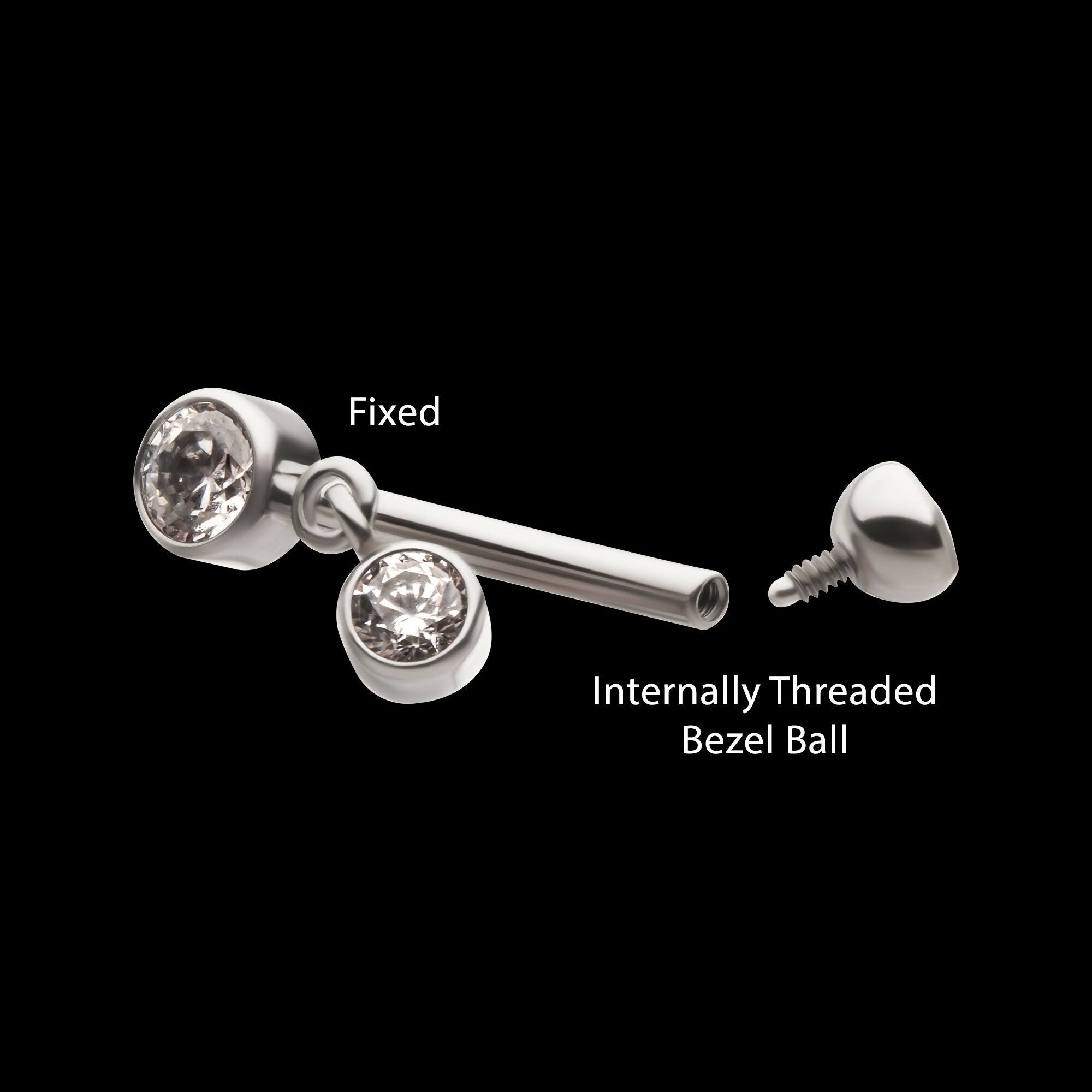 Internally Threaded Bezel Gem Fixed Top Curved Barbell with Floating Round CZ Dangle Earring / Nosering – Titanium