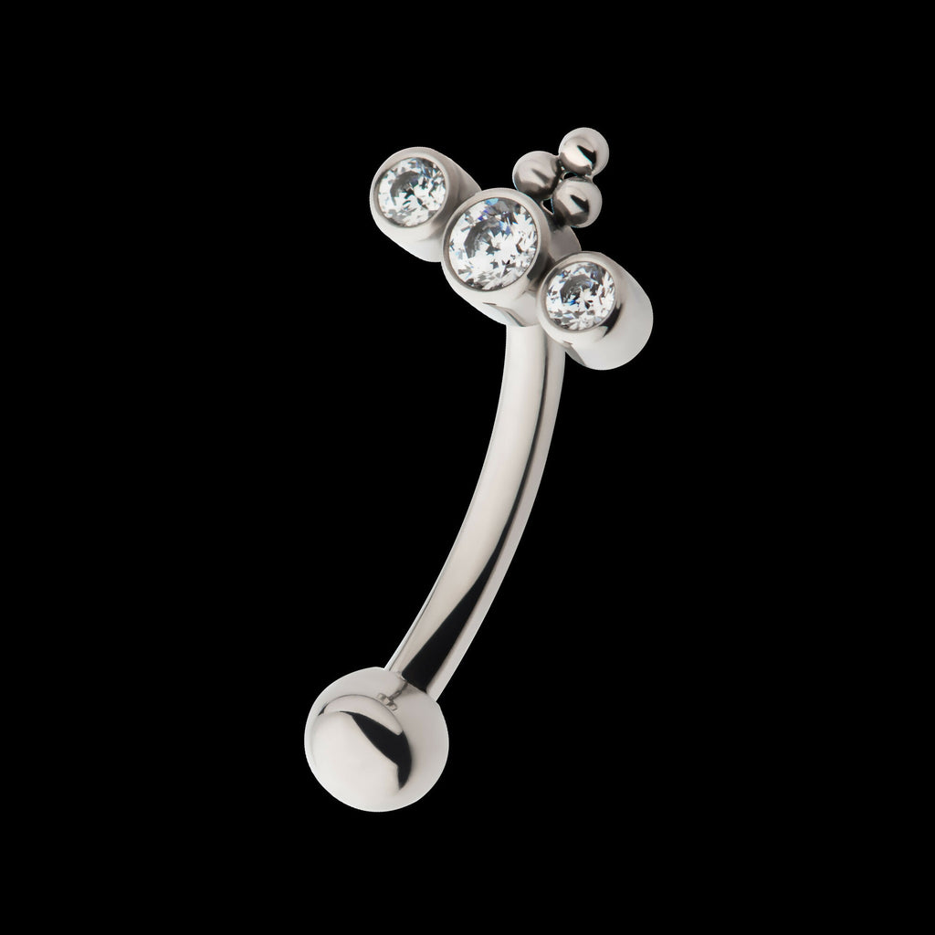 Internally Threaded with Tri Bead & 3-Cluster Bezel Set Clear AAA CZ Fixed Top Curved Barbell Earring / Nosering – Titanium