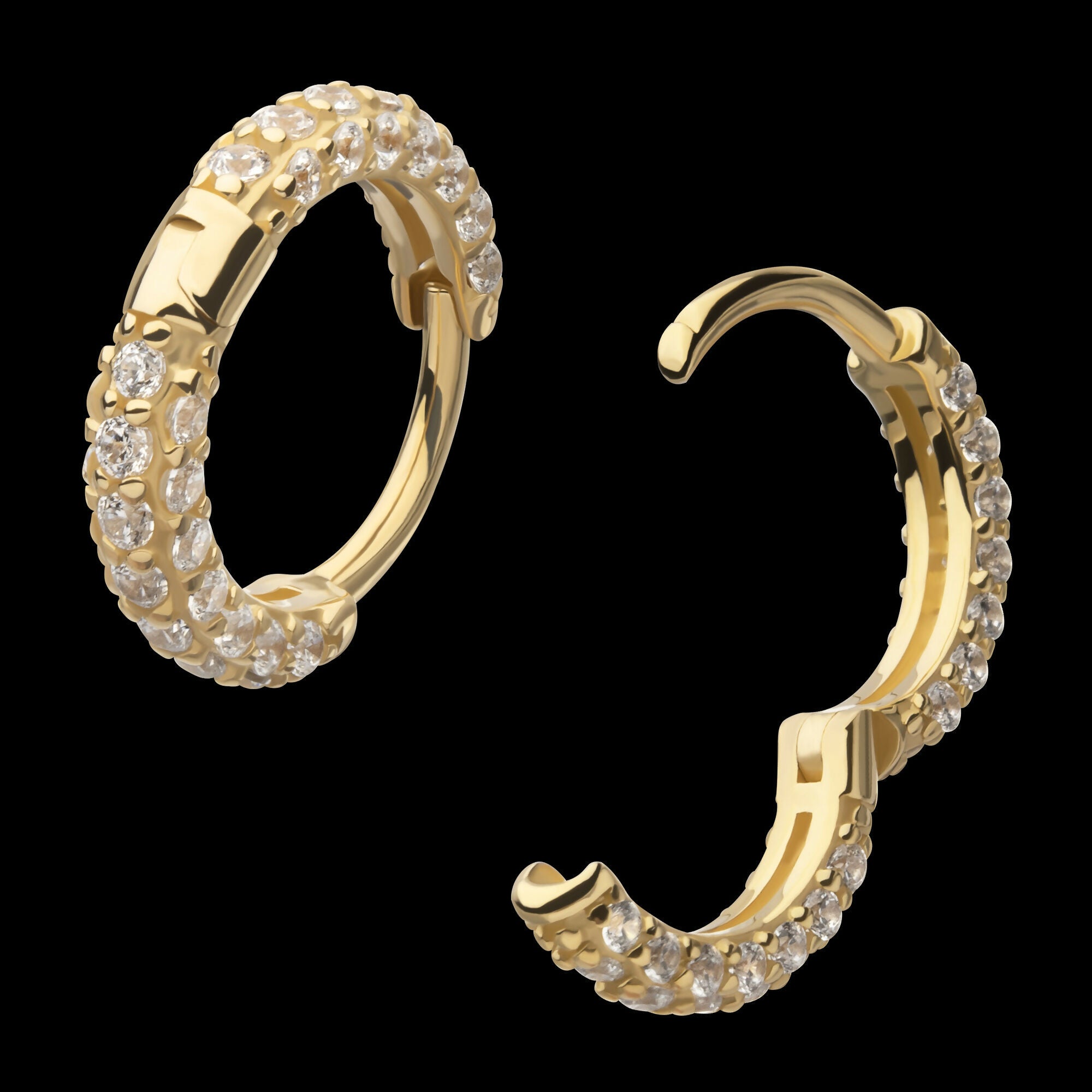 3 Row Pave Set Gem Hinged Hoop Huggie Earrings – 14Kt Yellow Gold