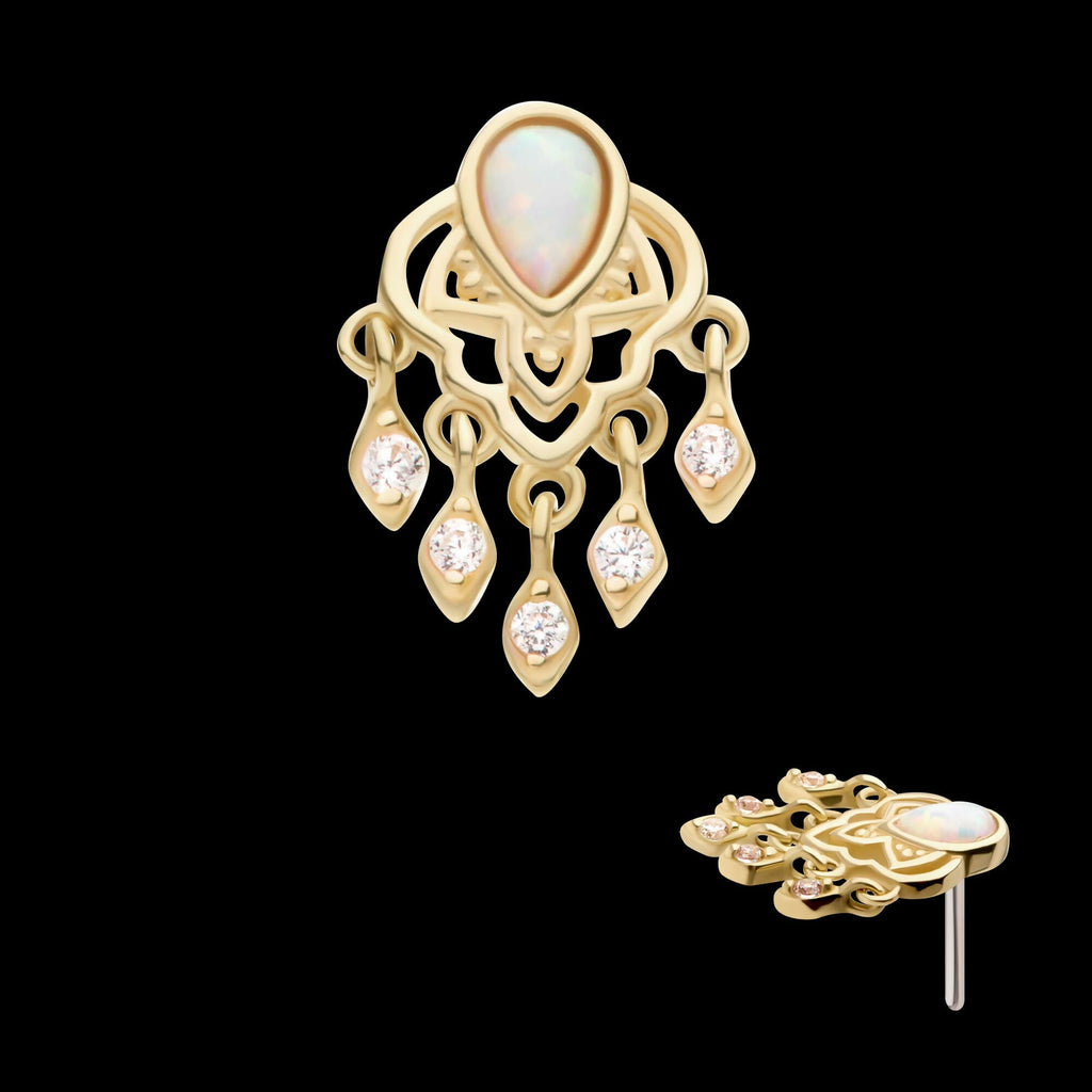 14Kt Yellow Gold Threadless Bezel Set Teardrop & Round Gem/Opal Mandala Dangle Top